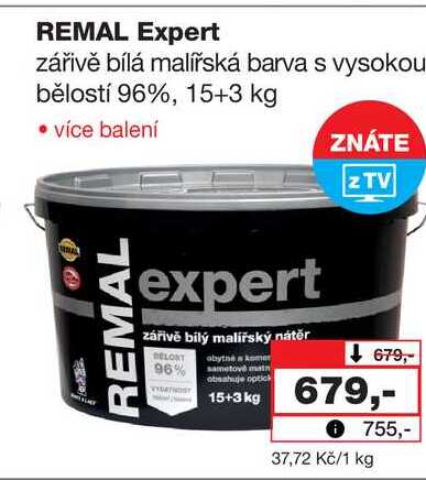 REMAL Expert zářivě bílá malířská barva s vysokou bělostí 96%, 15+3 kg 