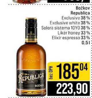 Božkov Republica Exclusive 38% Exclusive white 38% Solera sistema 10YO 38% Likér honey 33% Elixir espresso 33% 0,5l
