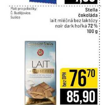 Stella čokoláda lait mléčná bez laktózy noir dark hořká 72% 100 g 
