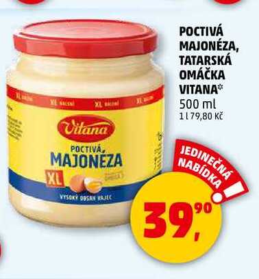 POCTIVÁ MAJONÉZA, TATARSKÁ OMÁČKA VITANA, 500 ml 