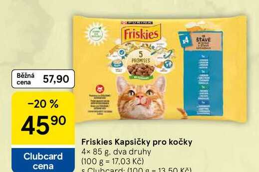 Friskies Kapsičky pro kočky, 4× 85 g. dva druhy 