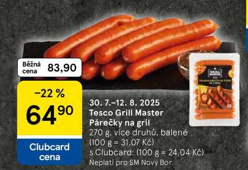 Tesco Grill Master Párečky na gril, 270 g. více druhů, balené  