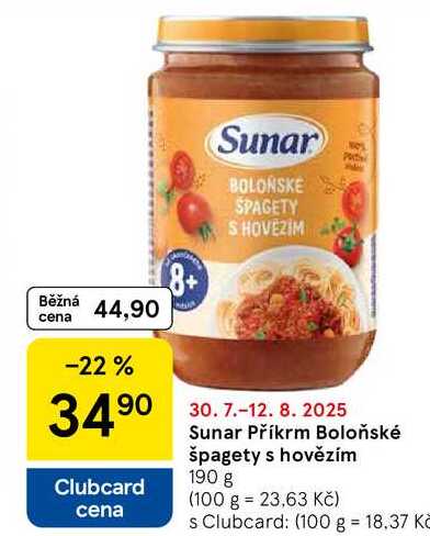 Sunar Příkrm Boloňské špagety s hovězím, 190 g