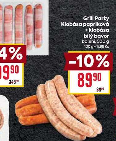 Grill Party Klobása papriková + klobása bílý bavor balení, 500 g 