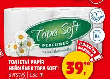 TOALETNÍ PAPÍR HEŘMÁNEK TOPA SOFT, 3vrstvý, 8 m, 132 m 