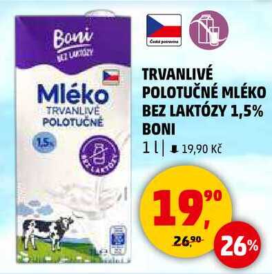 TRVANLIVÉ POLOTUČNÉ MLÉKO BEZ LAKTÓZY 1,5% BONI, 1 l 