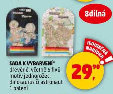SADA K VYBARVENÍ dřevěné, včetně 6 fixů, motiv jednorožec, dinosaurus či astronaut, 1 balení  