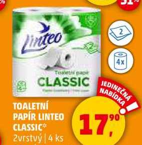 TOALETNÍ PAPÍR LINTEO CLASSIC, 2 vrstvý, 4 ks  