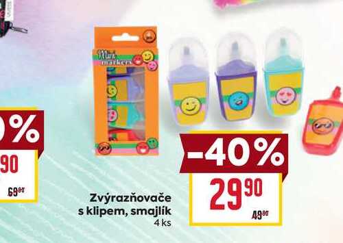 Zvýrazňovače s klipem, smajlík 4 ks