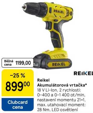 REIKEL Akumulátorová vrtačka, 18 V Li-Ion, 2 rychlosti: 0-400 a 0-1 400 ot/min. nastavení momentu 21+1, max. utahovací moment: 28 Nm. LED osvětlení 