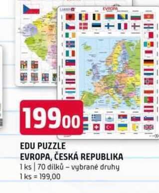 EDU PUZZLE EVROPA, ČESKÁ REPUBLIKA 1 ks 70 dílků vybrané druhy 