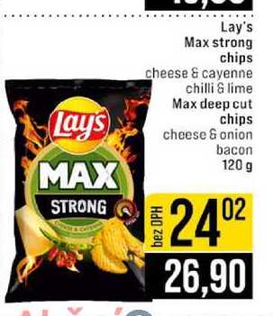 Lay's Max strong chips cheese & cayenne chilli & lime Max deep cut chips cheese & onion bacon 120 g 