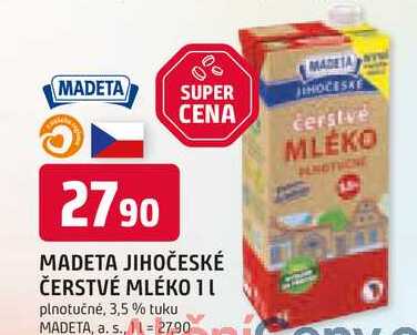 MADETA JIHOČESKÉ ČERSTVÉ MLÉKO 1l plnotučné, 3,5 % tuku 