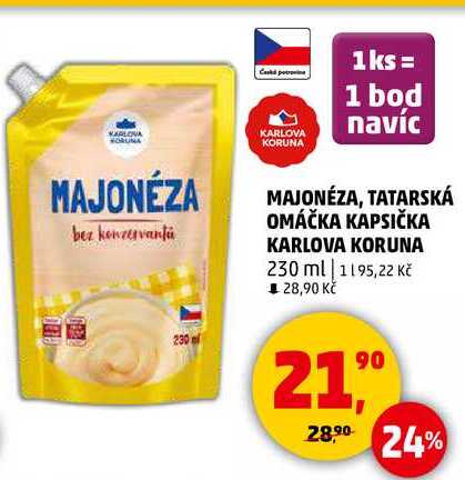 MAJONÉZA, TATARSKÁ OMÁČKA KAPSIČKA KARLOVA KORUNA, 230 ml  