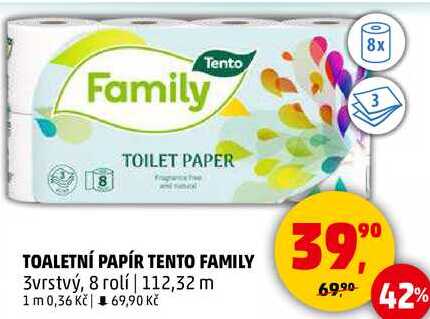 TOALETNÍ PAPÍR TENTO FAMILY, 3vrstvý, 8 rolí 