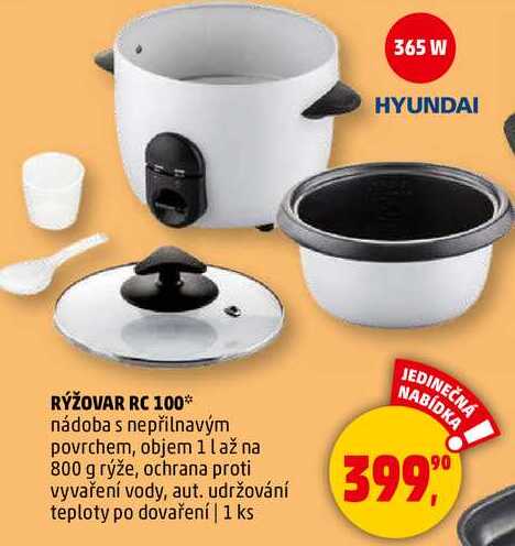 HYUNDAI RÝŽOVAR RC 100, nádoba s nepřilnavým povrchem, objem 1 l až na 800 g rýže, ochrana proti vyvaření vody, aut. udržování teploty po dovaření, 1 ks 