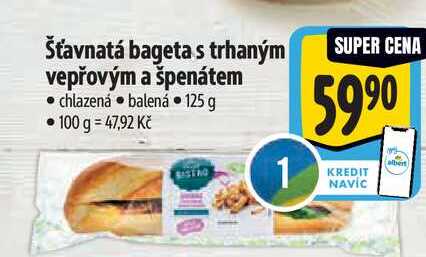 Šťavnatá bageta s trhaným vepřovým a špenátem chlazená balená 125 g 