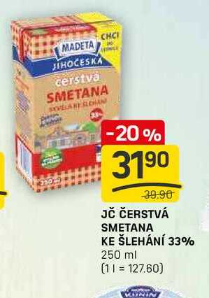 JČ ČERSTVÁ SMETANA KE ŠLEHÁNÍ 33% 250 ml 