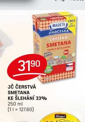 JČ ČERSTVÁ SMETANA KE ŠLEHÁNÍ 33% 250 ml