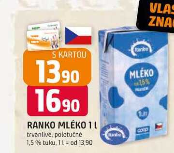 RANKO MLÉKO 1l trvanlivé, polotučné 1,5 % tuku