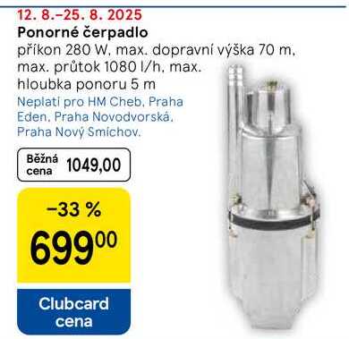 Ponorné čerpadlo, příkon 280 W, max. dopravní výška 70 m. max. průtok 1080 l/h, max. hloubka ponoru 5 m  