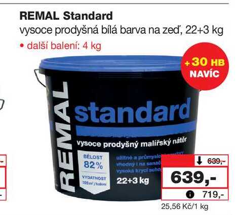 REMAL Standard vysoce prodyšná bílá barva na zeď, 22+3 kg 