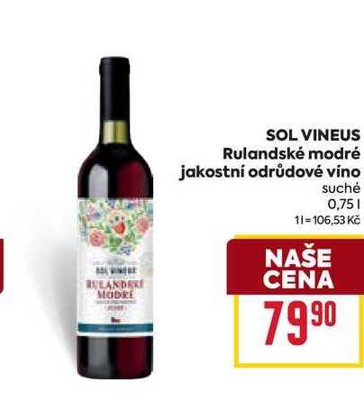SOL VINEUS Rulandské modré jakostní odrůdové víno suché 0,75l
