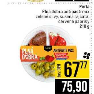 Perla Plná dobra antipasti mix zelené olivy, sušená rajčata. červené papriky 210 g