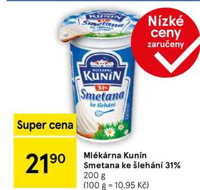 Mlékárna Kunín Smetana ke šlehání 31%, 200 g 
