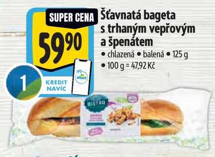 Šťavnatá bageta s trhaným vepřovým a špenátem, 125 g