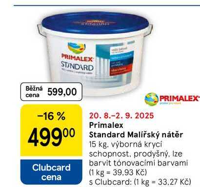 Primalex Standard Malířský nátěr, 15 kg. výborná krycí schopnost, prodyšný, Ize barvit tónovacími barvami