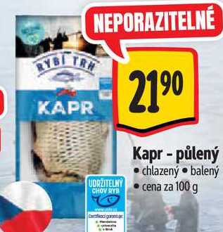 Kapr - půlený, cena za 100 g 