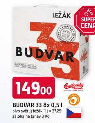 BUDVAR 33 8x0,5l pivo světlý ležák v akci