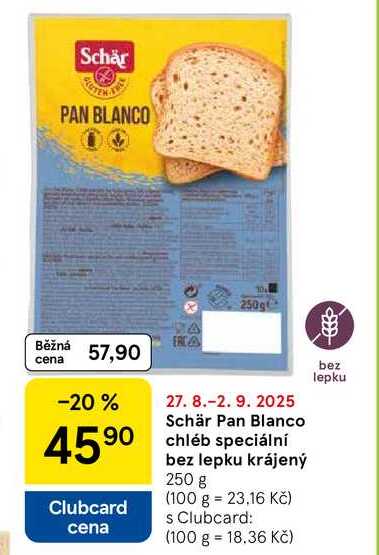 Schär Pan Blanco chléb speciální bez lepku krájený, 250 g 