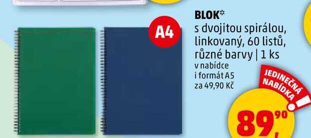 BLOK A4 s dvojitou spirálou, linkovaný, 60 listů, různé barvy, 1 ks 