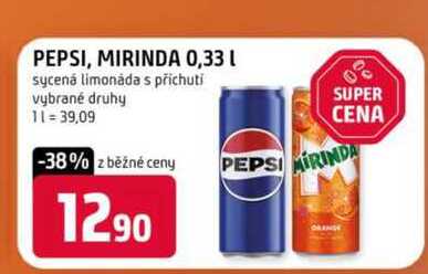 PEPSI, MIRINDA 0,33l sycené limonáda s příchuti vybrané druhy 