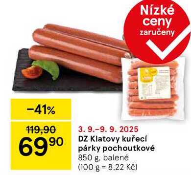 DZ Klatovy kuřecí párky pochoutkové, 850 g, balené