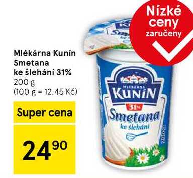 Mlékárna Kunín Smetana ke šlehání 31%, 200 g  