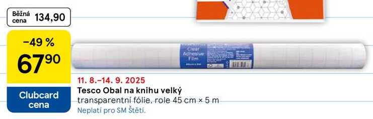 Tesco Obal na knihu velký,  transparentní fólie, role 45 cm x 5m 