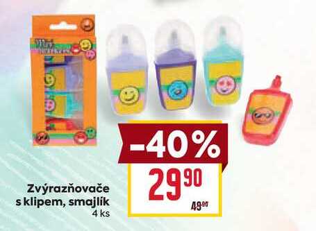 Zvýrazňovače s klipem, smajlík 4 ks 