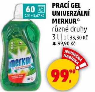 PRACÍ GEL UNIVERZÁLNÍ MERKUR různé druhy, 3 l