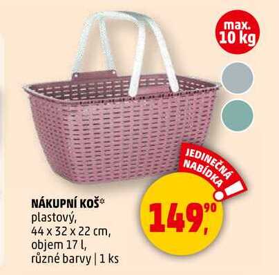 NÁKUPNÍ KOŠ, plastový, 44 x 32 x 22 cm, objem 17 l, různé barvy, 1 ks