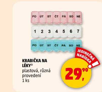 KRABIČKA NA LÉKY plastová, různá provedení, 1 ks