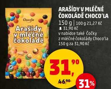 ARAŠÍDY V MLÉČNÉ ČOKOLÁDĚ CHOCO'LA, 150 g 