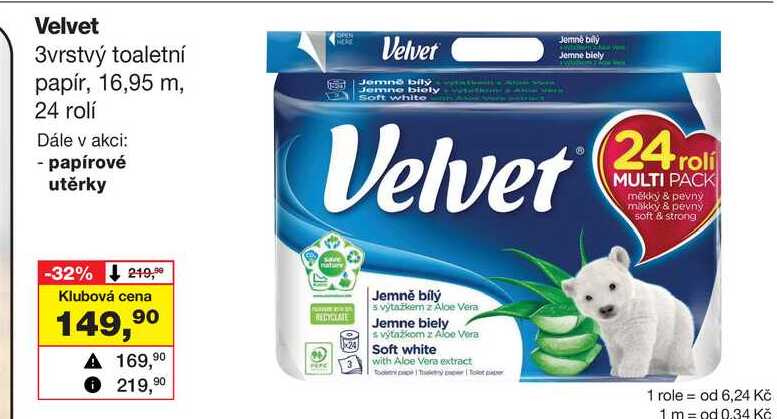 Velvet 3vrstvý toaletní papír, 16,95 m, 24 rolí