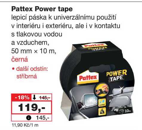 Pattex Power tape lepicí páska k univerzálnímu použití v interiéru i exteriéru, ale i v kontaktu s tlakovou vodou a vzduchem, 50 mm x 10 m, černá