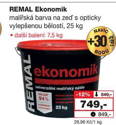 REMAL Ekonomik malířská barva na zeď' s opticky vylepšenou bělostí, 25 kg 