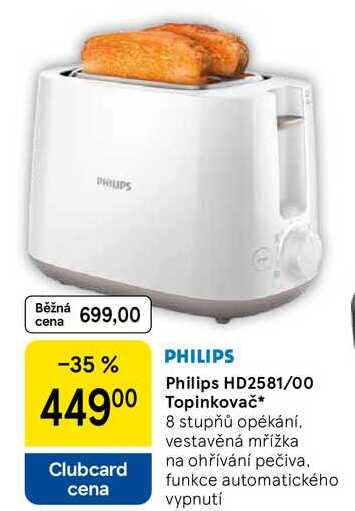 Philips HD2581/00 44900 Topinkovač, 8 stupňů opékání. vestavěná mřížka na ohřívání pečiva. funkce automatického vypnutí 