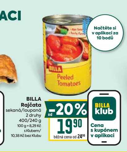 BILLA Rajčata sekanȧ/loupaná 2 druhy od 400/240 g 