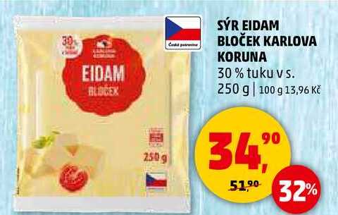 SÝR EIDAM BLOČEK KARLOVA KORUNA 30% tuku v s., 250 g 